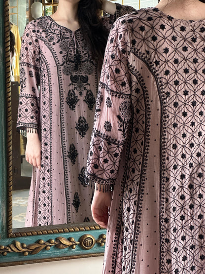 Plum Black Shade Malmal Pearl Work Chikankari Anarkali
