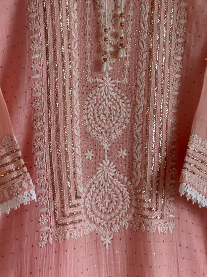 Peach Mal Heavy Chikankari Yoke Kurta Set with Kamdani Mukaish
