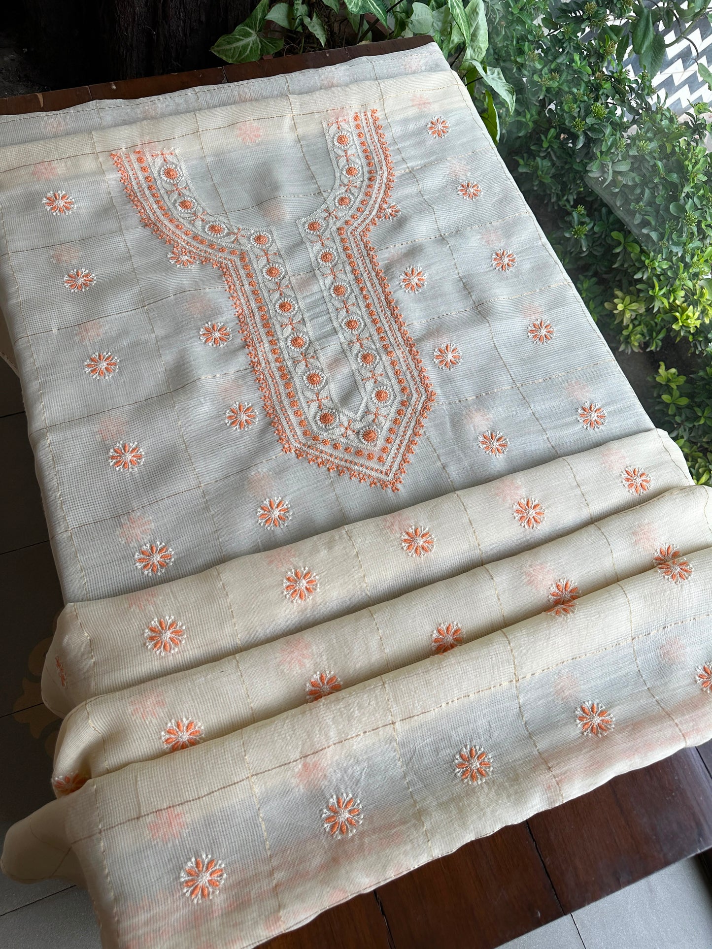 Cream Shade Tissue Zari Kota Chikankari Unstitched Fabric