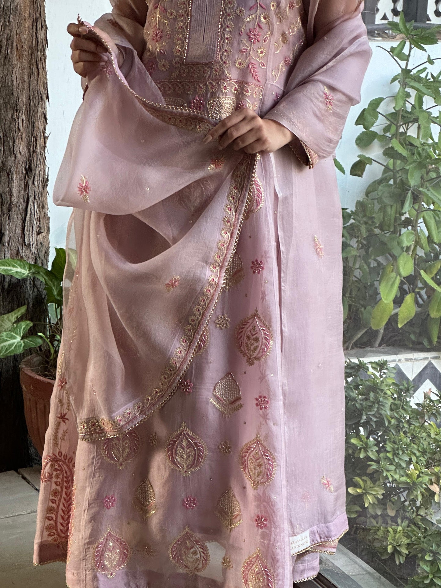 Mauve Pink Shade Noor Organza Chikankari A Line Kurta With Dupatta