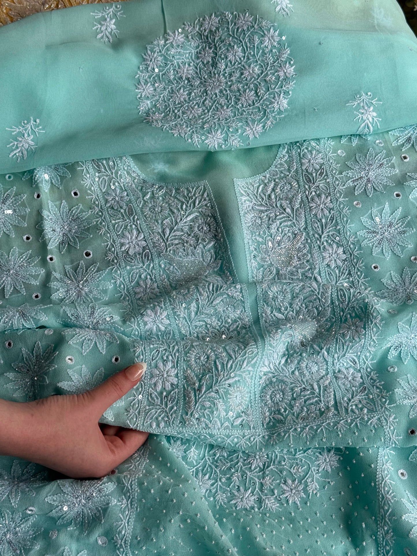 Aqua Green shade Georgette Mirror Work Chikankari Kurta Dupatta Set