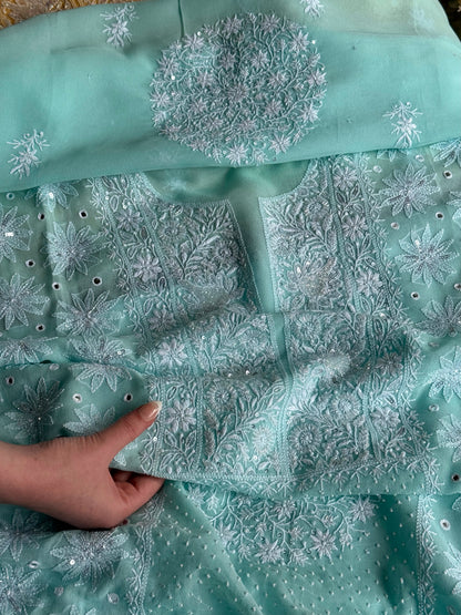 Aqua Green shade Georgette Mirror Work Chikankari Kurta Dupatta Set