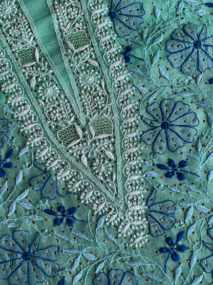 Blue Noor Organza Silk Chikankari With Kamdani Fabric