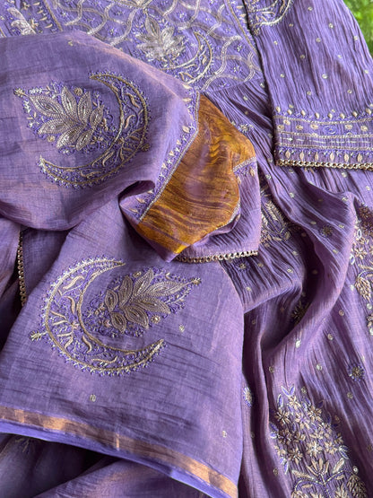 Lilac Purple Shade Tissue Silk Bhopali Kurta Dupatta Set