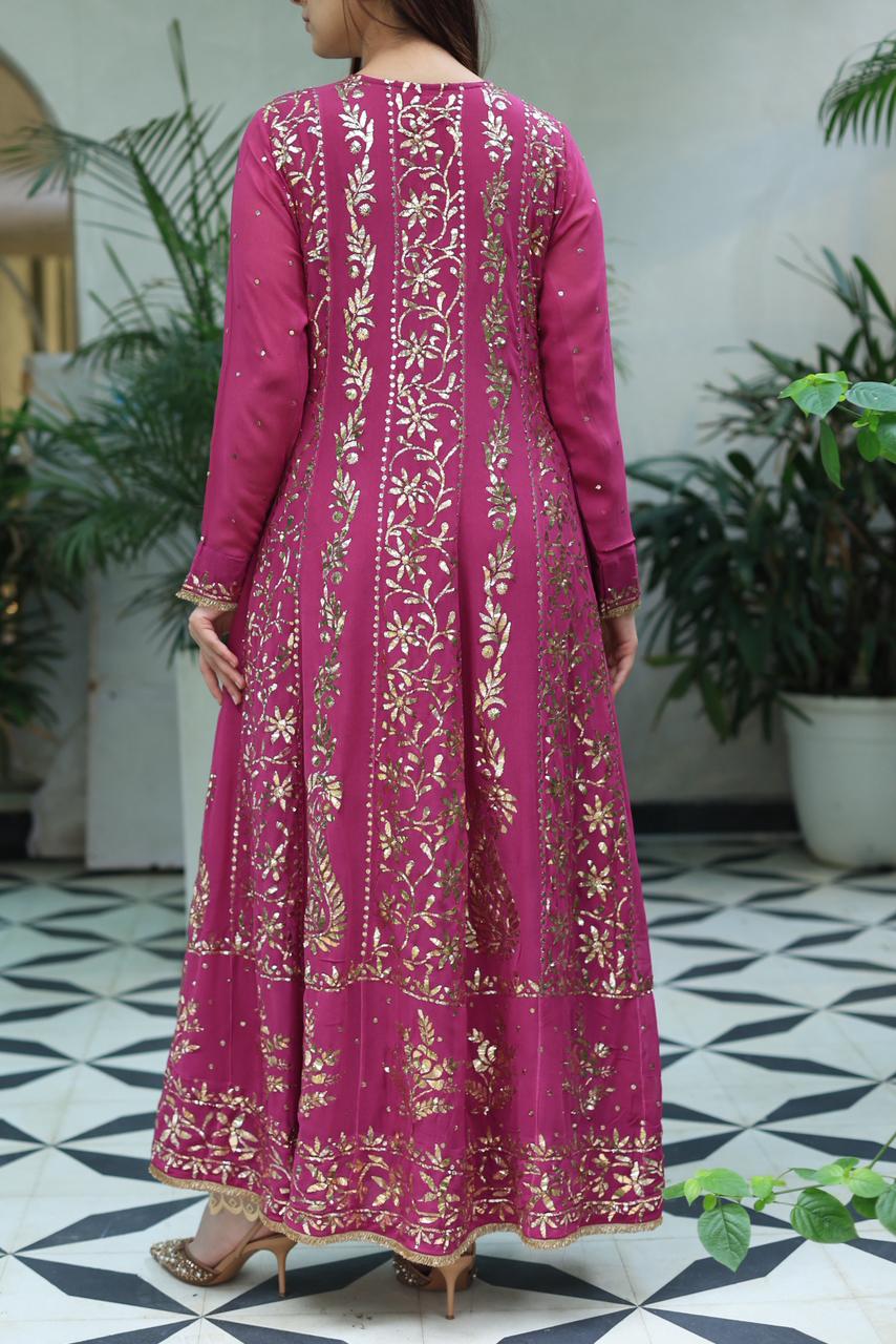 Plum Pink Shade Heavy Mukaish Badla Anarkali Suit Set