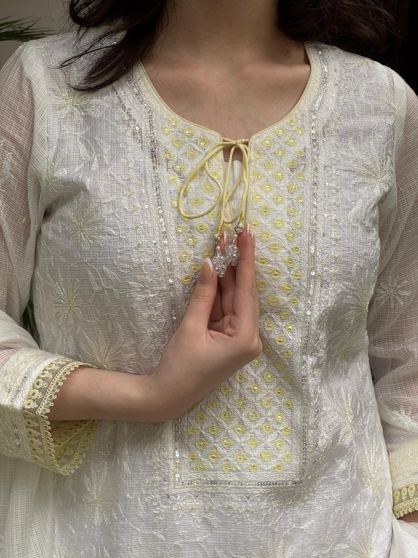 White & Lemon Shade Kota Pearl Work Chikankari Kurta Set