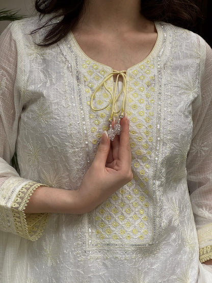White & Lemon Shade Kota Pearl Work Chikankari Kurta Set