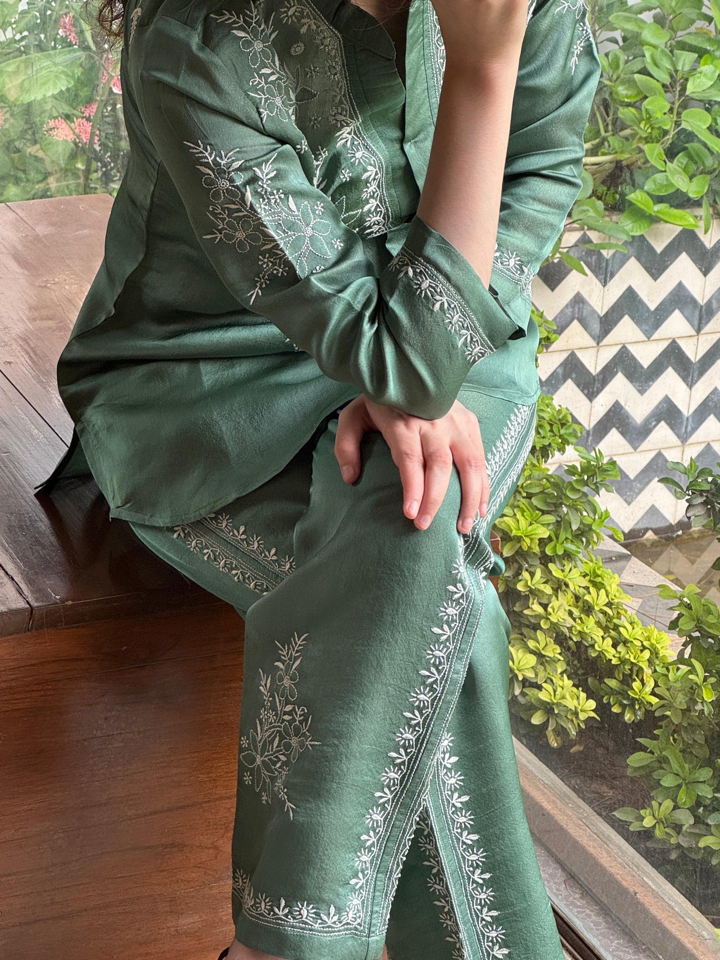 Slate Green Satin Shimmer Chikankari Co-Ord Set