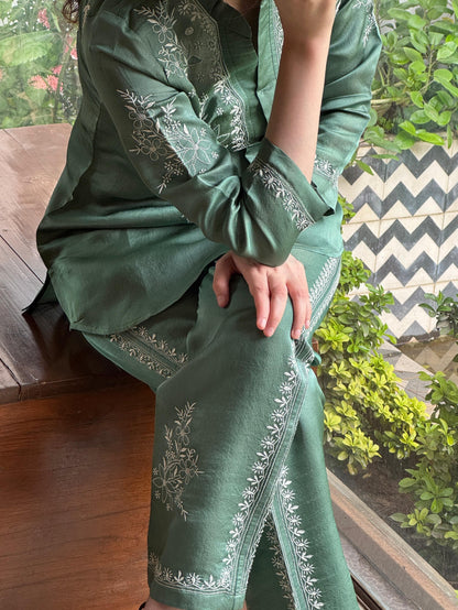Slate Green Satin Shimmer Chikankari Co-Ord Set