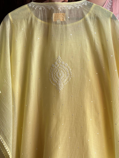 Soft Yellow Malmal Sequinned Chikankari Kaftan