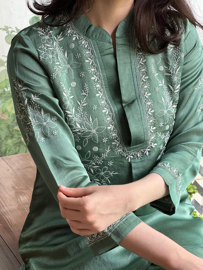 Slate Green Satin Shimmer Chikankari Co-Ord Set