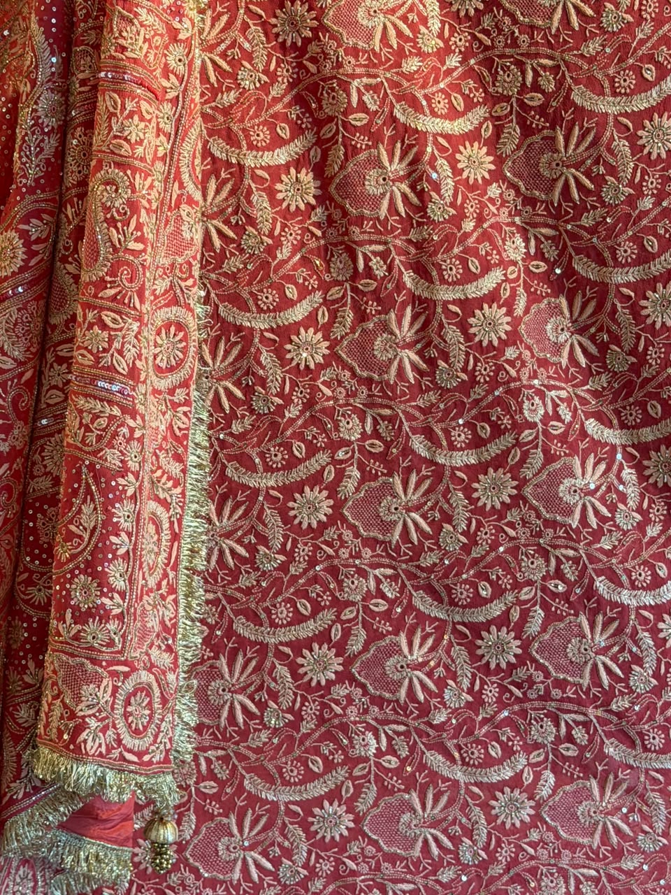 Deep Coral Shade Heavy Chikankari Jwelled Chikankari Sequinned Saree