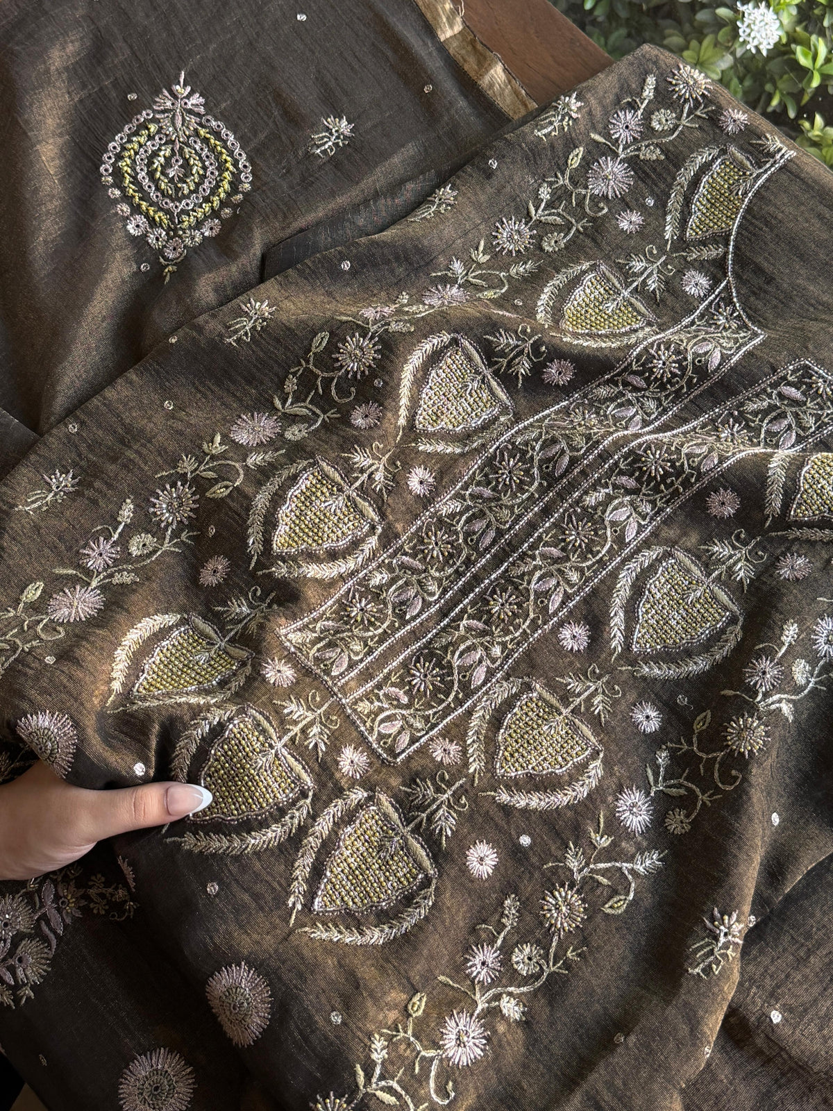 Goldish Black Shade Tissue Silk Chikankari Unstitched Fabric