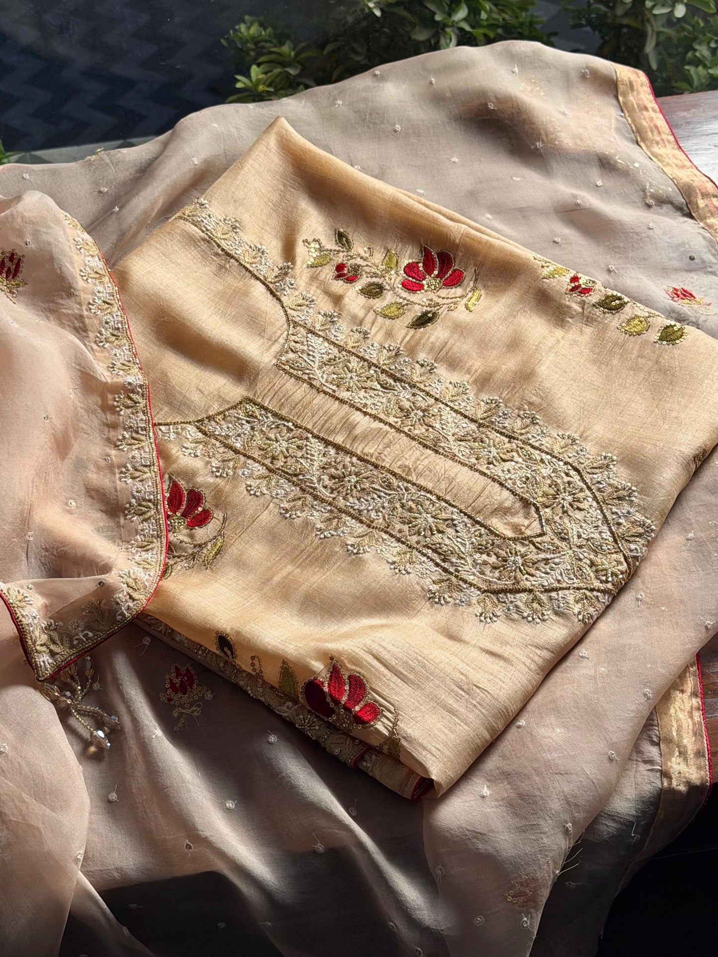 Natural Paper Tussar Resham Chikankari Unstitched Fabric Kurta Dupatta Set