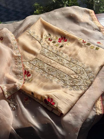Natural Paper Tussar Resham Chikankari Unstitched Fabric Kurta Dupatta Set