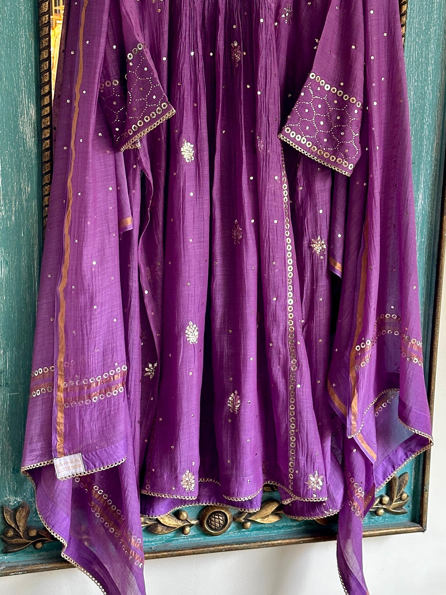 Deep Purple Shade Mukaish Mul Chanderi Silk Dress