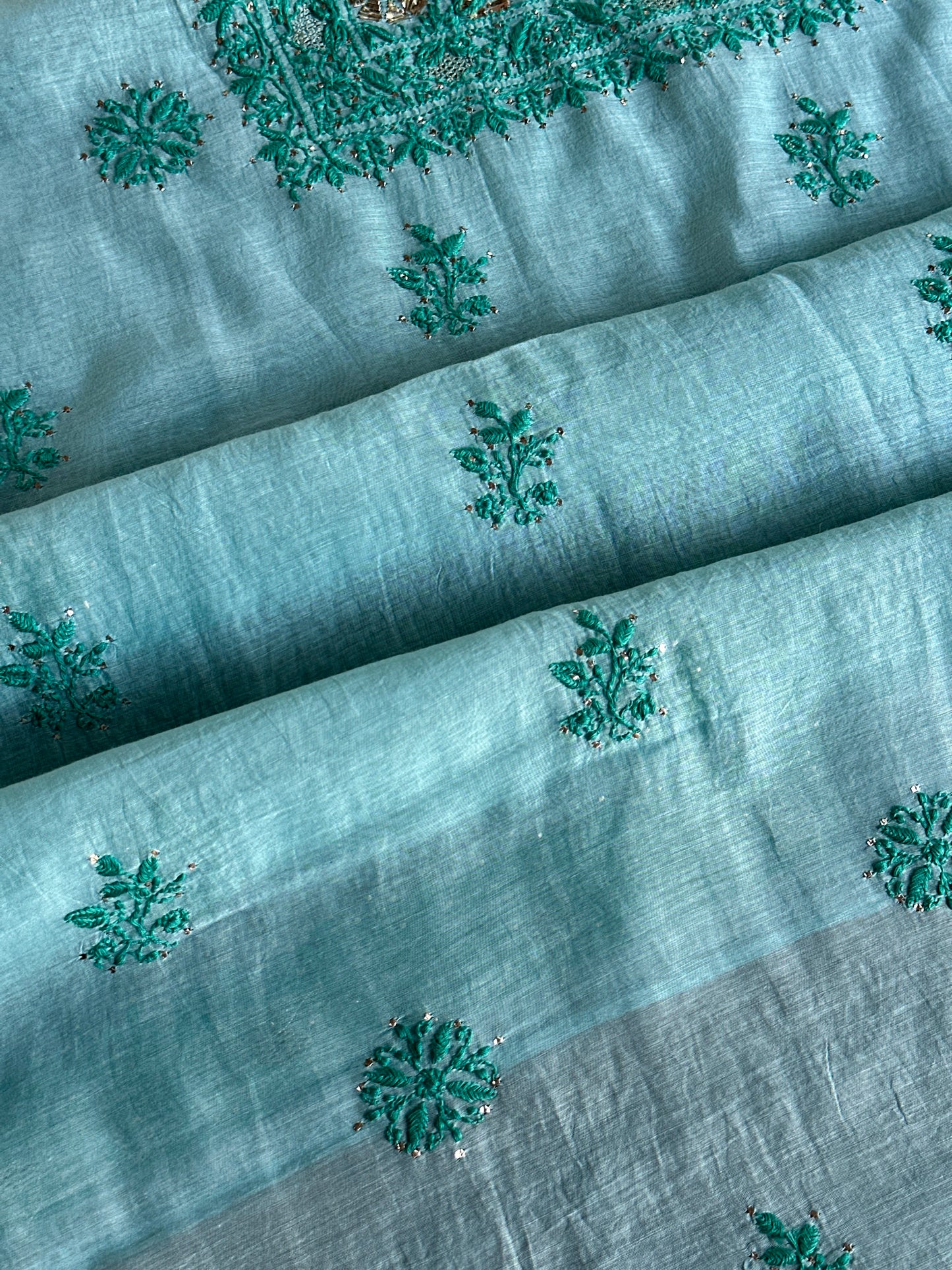 Blue Shade Mal Cotton Chikankari Unstitched Kurta Dupatta Fabric With Mukaish Badla