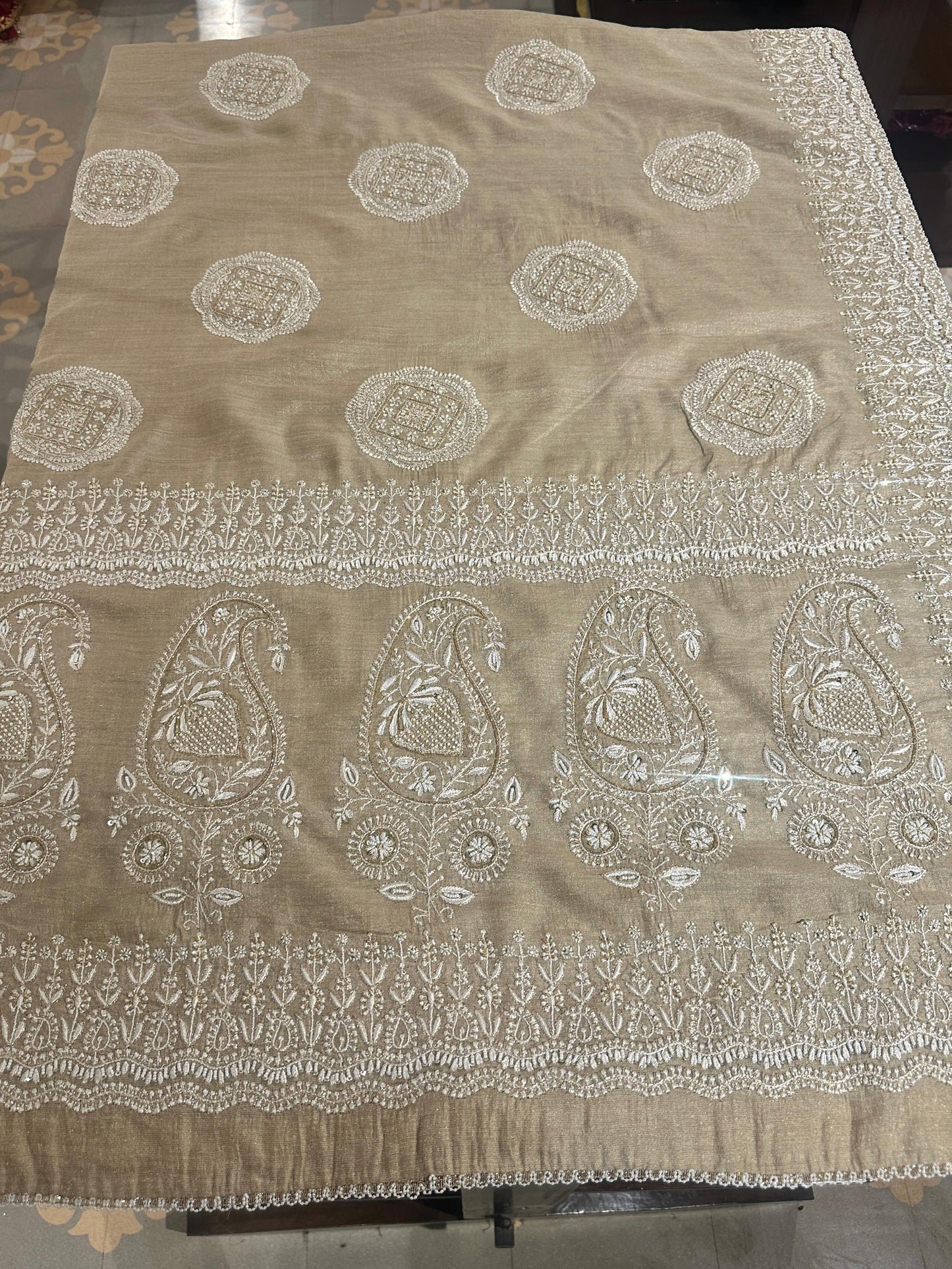Natural Shade Fine Chikankari Ari Tissue Silk Dupatta
