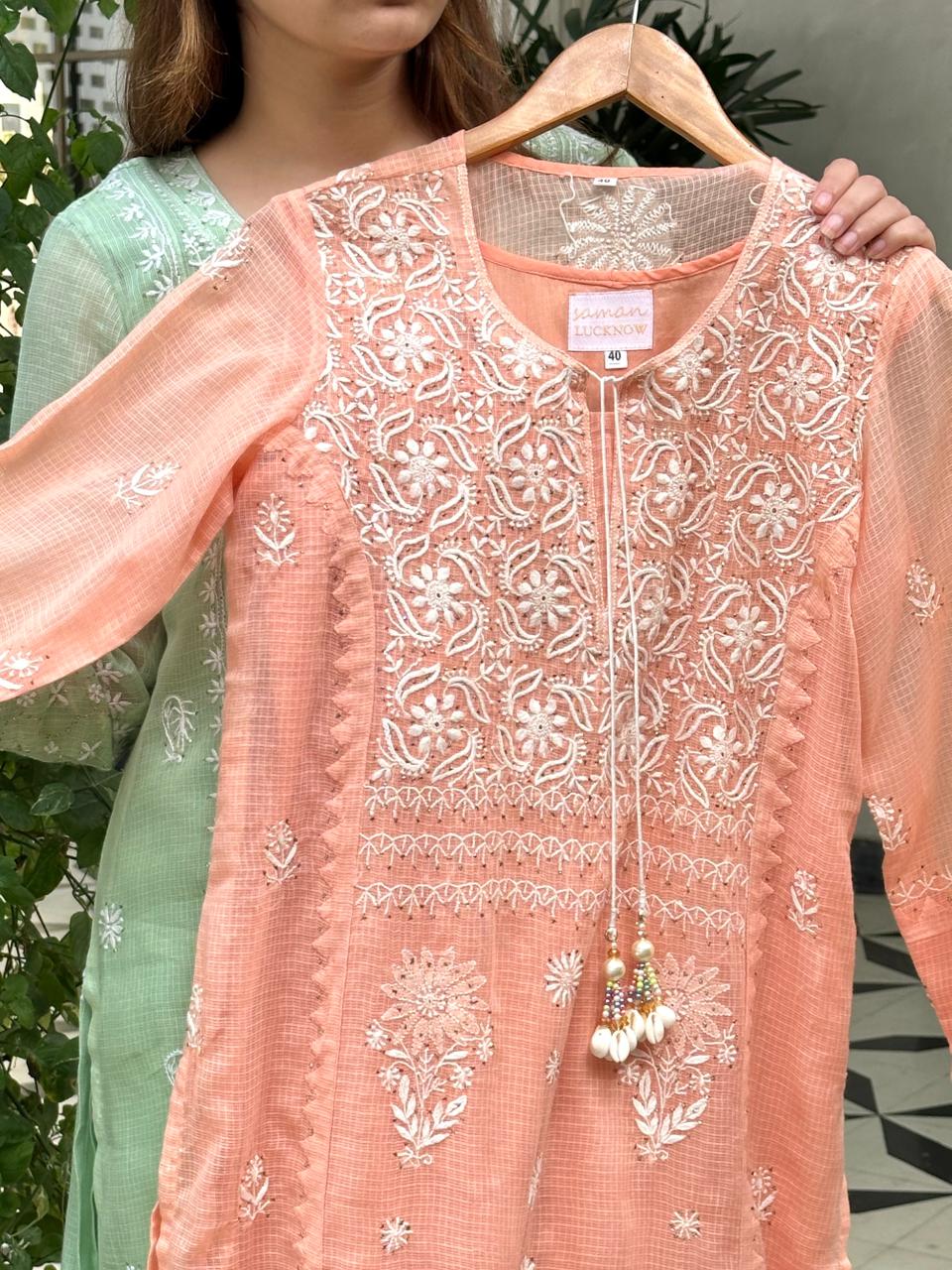 Peach Shade Kota Applique Chikankari Kurta Dupatta Set