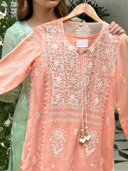 Peach Shade Kota Applique Chikankari Kurta Dupatta Set