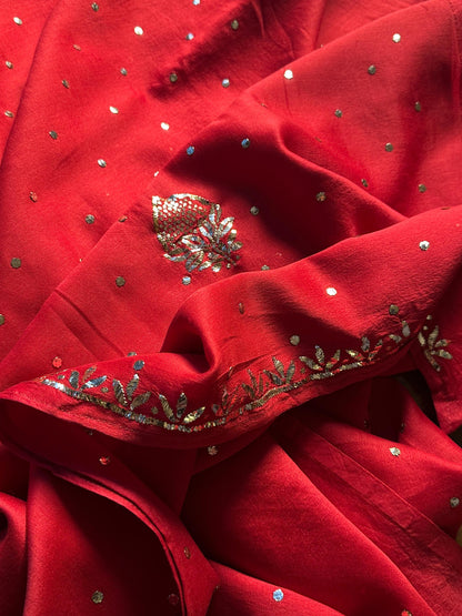 Red Chanderi Silk Mukaish Badla Unstitched Fabrics