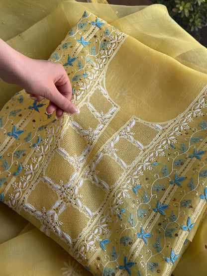 Lemon Yellow & Aqua Noor Organza Silk Chikankari With Kamdani Fabric
