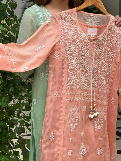 Peach Shade Kota Applique Chikankari Kurta Dupatta Set
