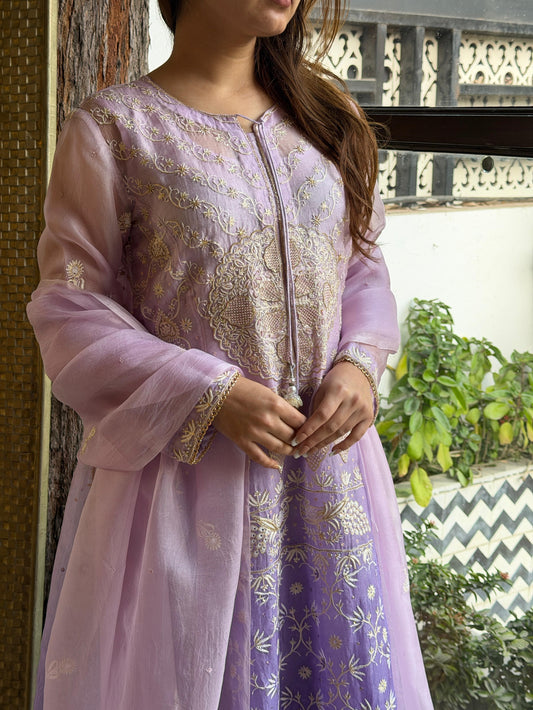 Purple Lavender Ombre Shade Noor Organza Chikankari A Line Kurta With Dupatta