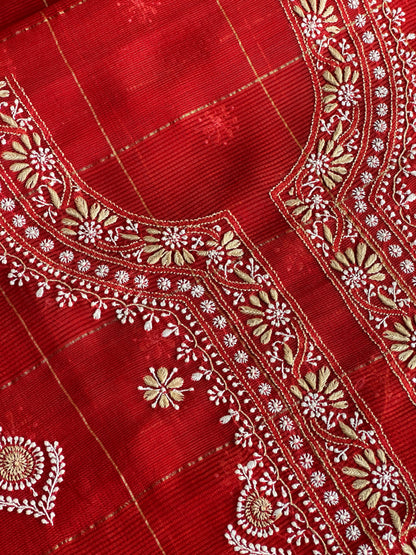 Red Shade Tissue Zari Kota Chikankari Unstitched Fabric