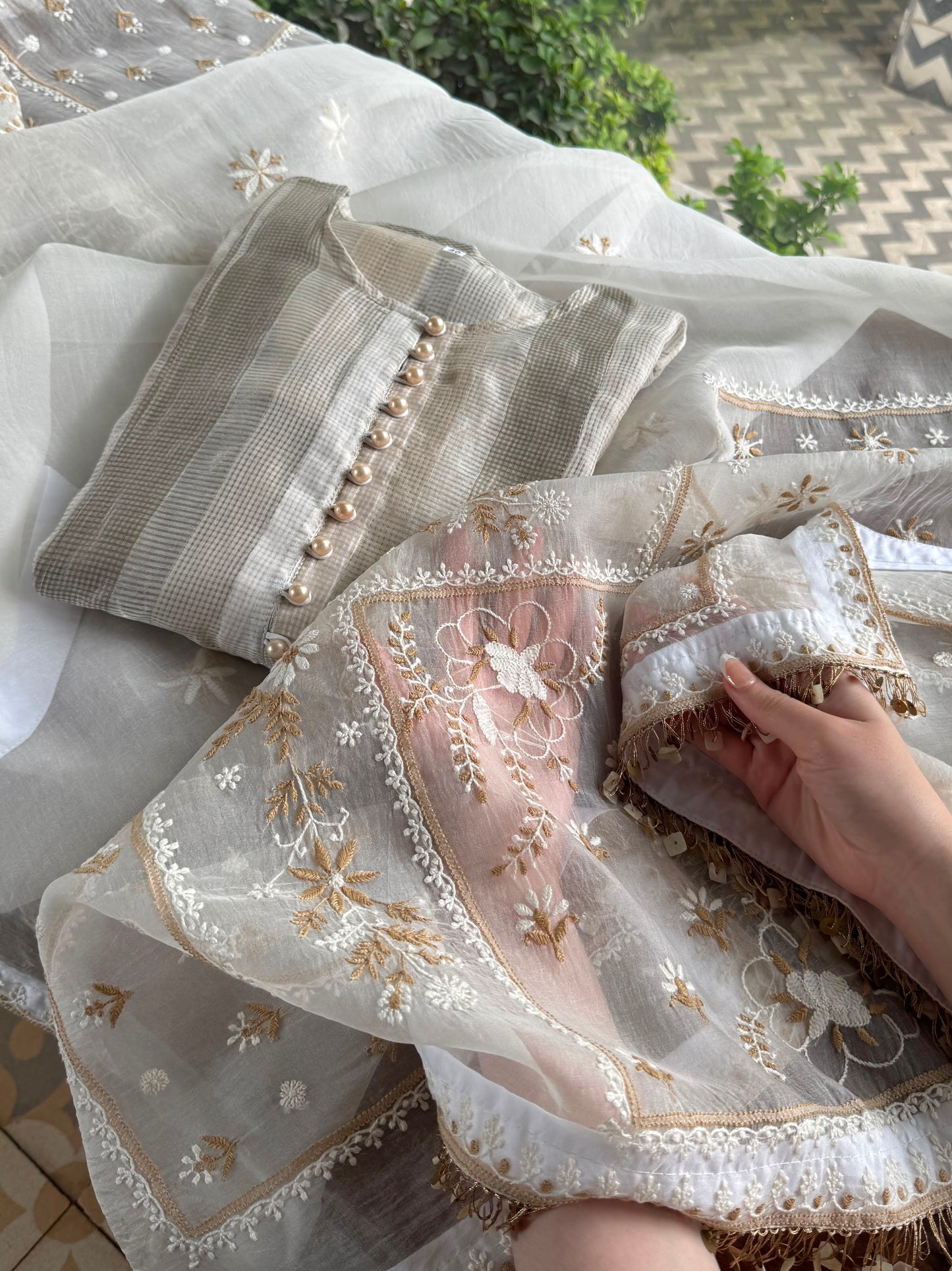Ivory Kota Pattu Chikankari Suit Set with Organza Dupatta & Pearl Loop Buttons