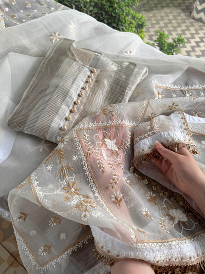 Ivory Kota Pattu Chikankari Suit Set with Organza Dupatta & Pearl Loop Buttons