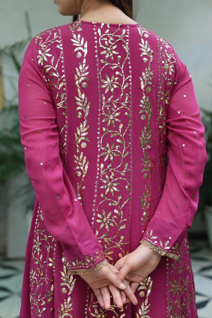 Plum Pink Shade Heavy Mukaish Badla Anarkali Suit Set