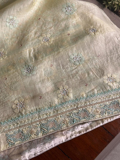 Lemon Shade Noor Banarasi Organza Chikankari Unstitched Fabric