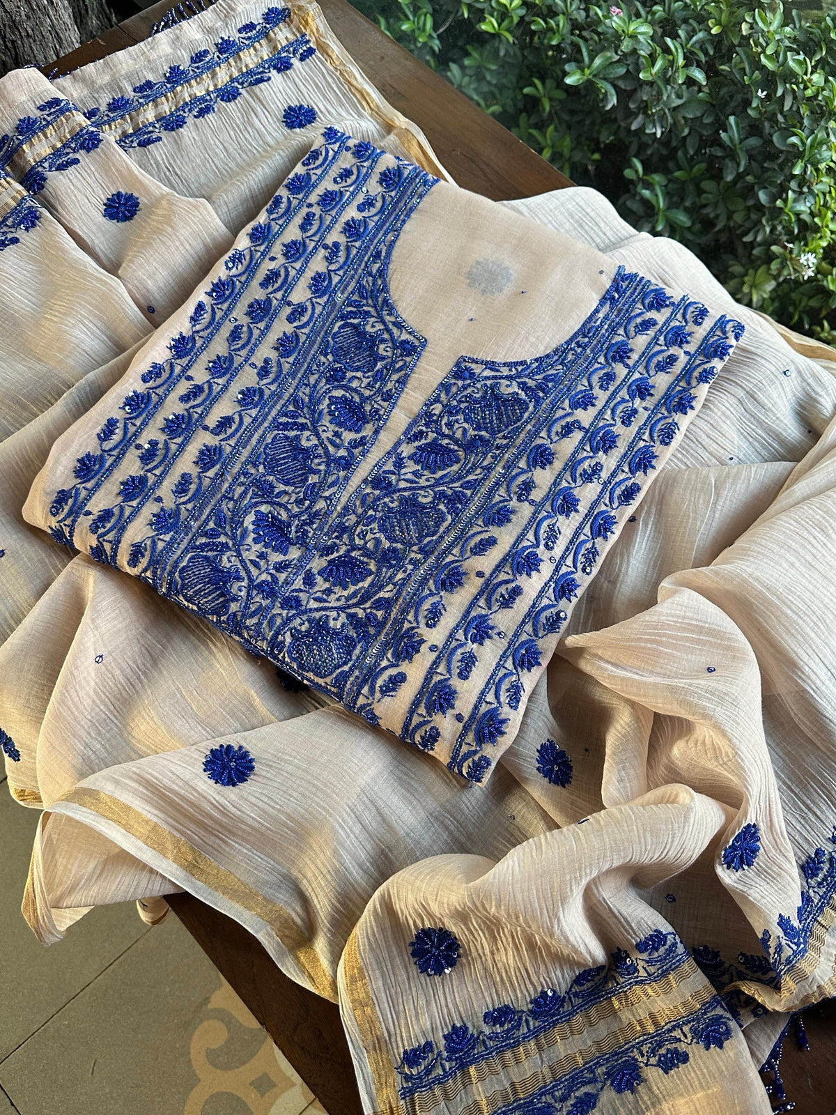 Beige & Blue Mal Chanderi Silk Chikankari With Sequins Unstitched Kurta Dupatta Set