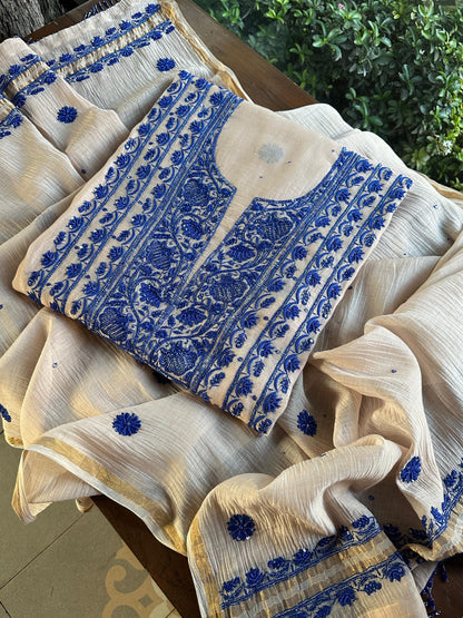 Beige & Blue Mal Chanderi Silk Chikankari With Sequins Unstitched Kurta Dupatta Set
