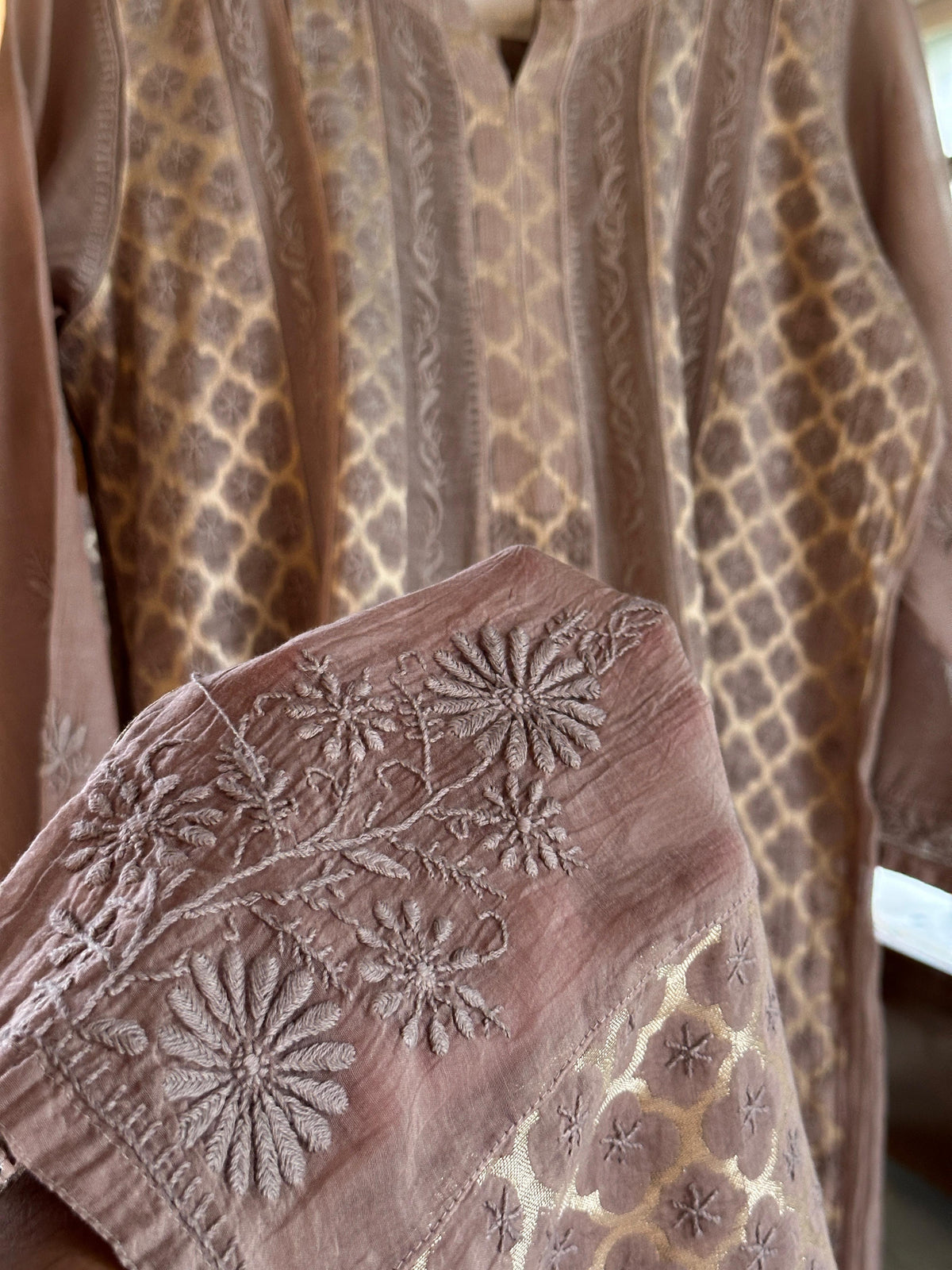 Brown Shade Zari Chanderi Chikankari Ready to Wear Tunics