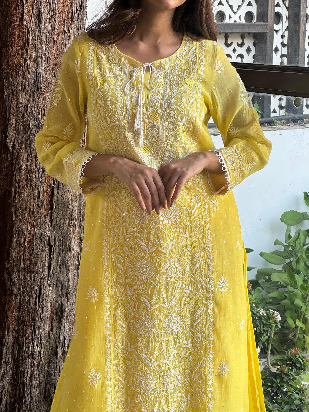 Yellow Shade Malmal Pearl White Chikankari Ready to Wear Kurta Set