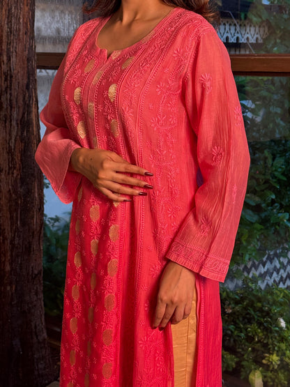Pink Zari Chanderi Chikankari A Line Kurta with Slip