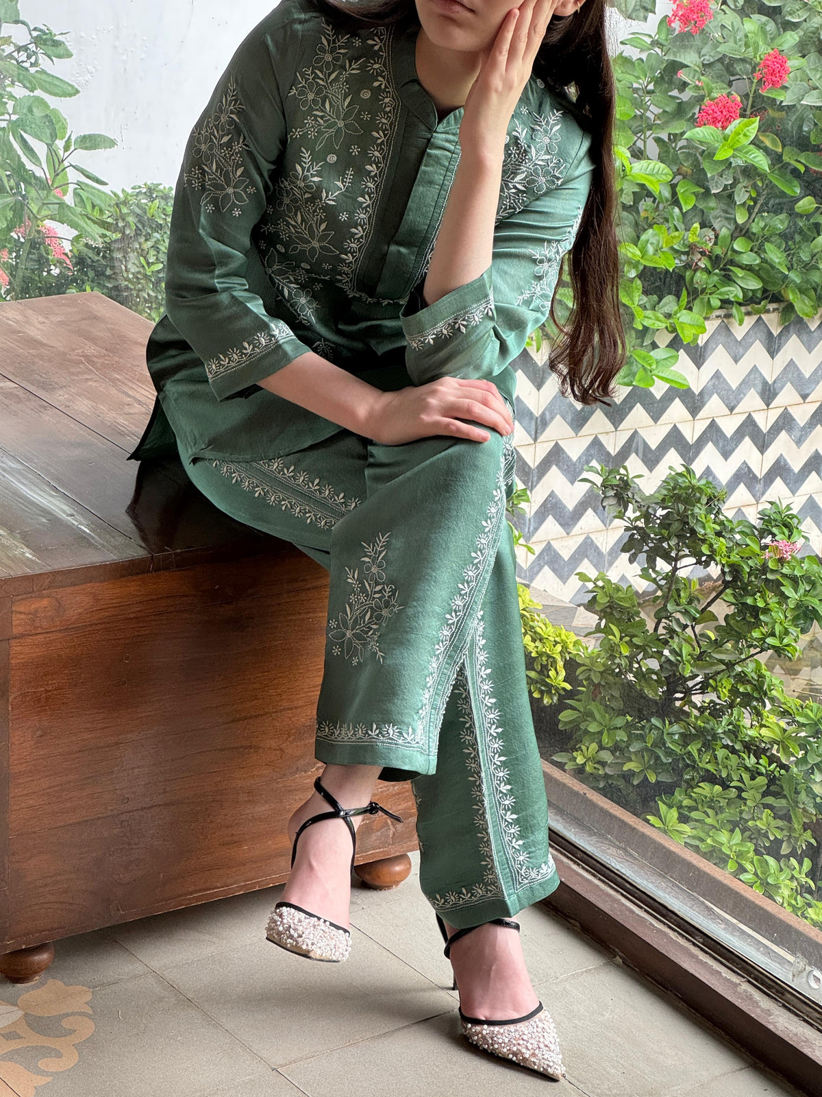 Slate Green Satin Shimmer Chikankari Co-Ord Set