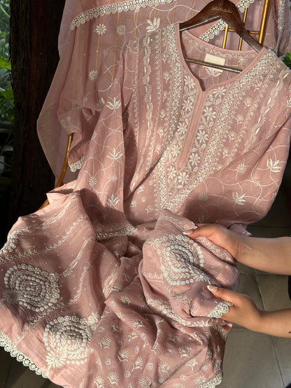 Pink Shade Malmal Pearl Work Chikankari Anarkali