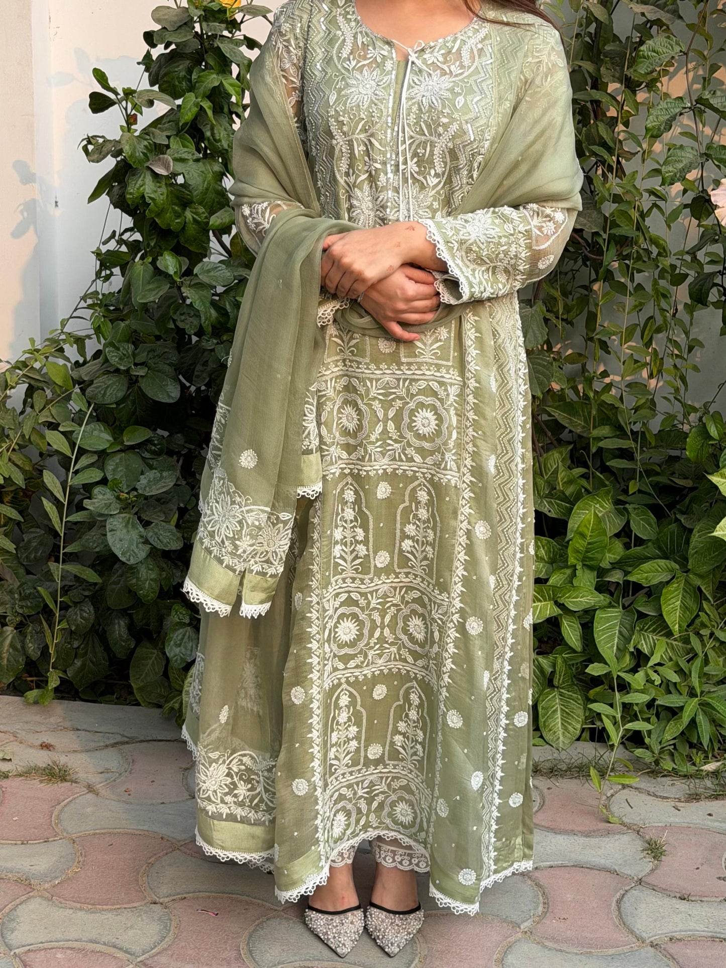 Green Noor Organza Chikankari Anarkali Kurta With Dupatta