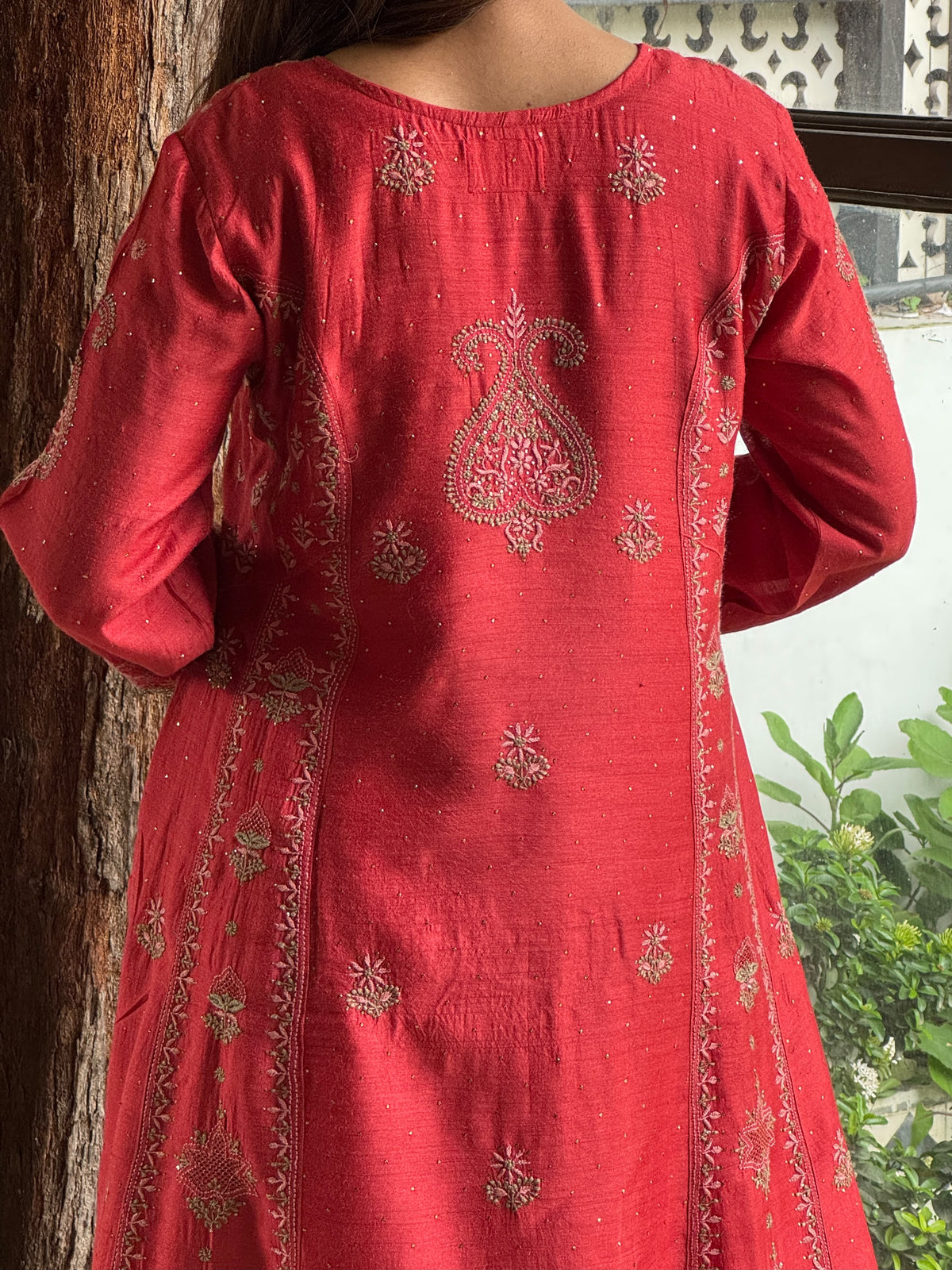 Brick Red Moonga Silk Chikankari Anarkali With Dupatta