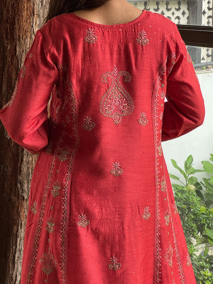 Brick Red Moonga Silk Chikankari Anarkali With Dupatta