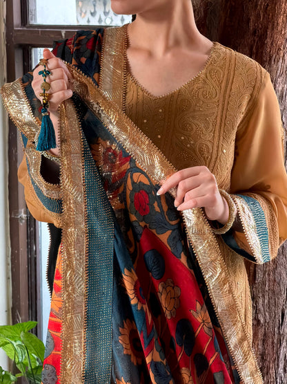 Turmeric Yellow Chikankari Pure Georgette Churidar Set with Kalamkari Dupatta