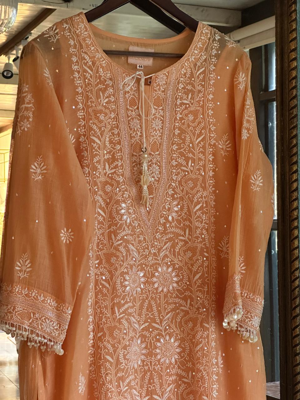 Coral Peach Shade Malmal Pearl White Chikankari Ready to Wear Kurta Set