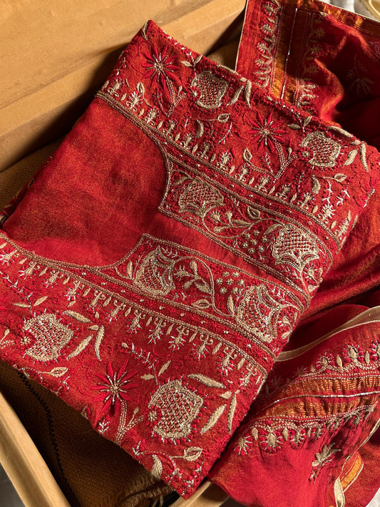 Red Tissue Silk Chikankari Unstitched Fabric