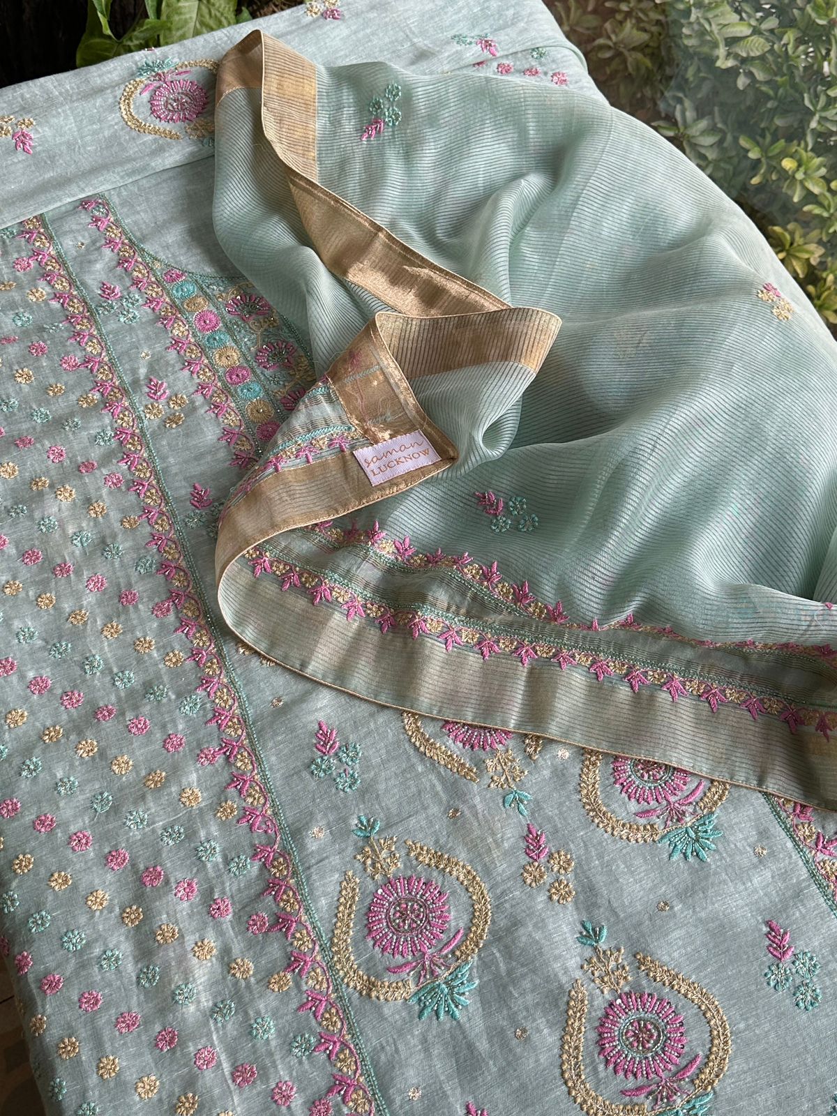 Pastel Mint Shade Rasm Silk Chikankari With Ari Work Unstitched Kurta Dupatta Set