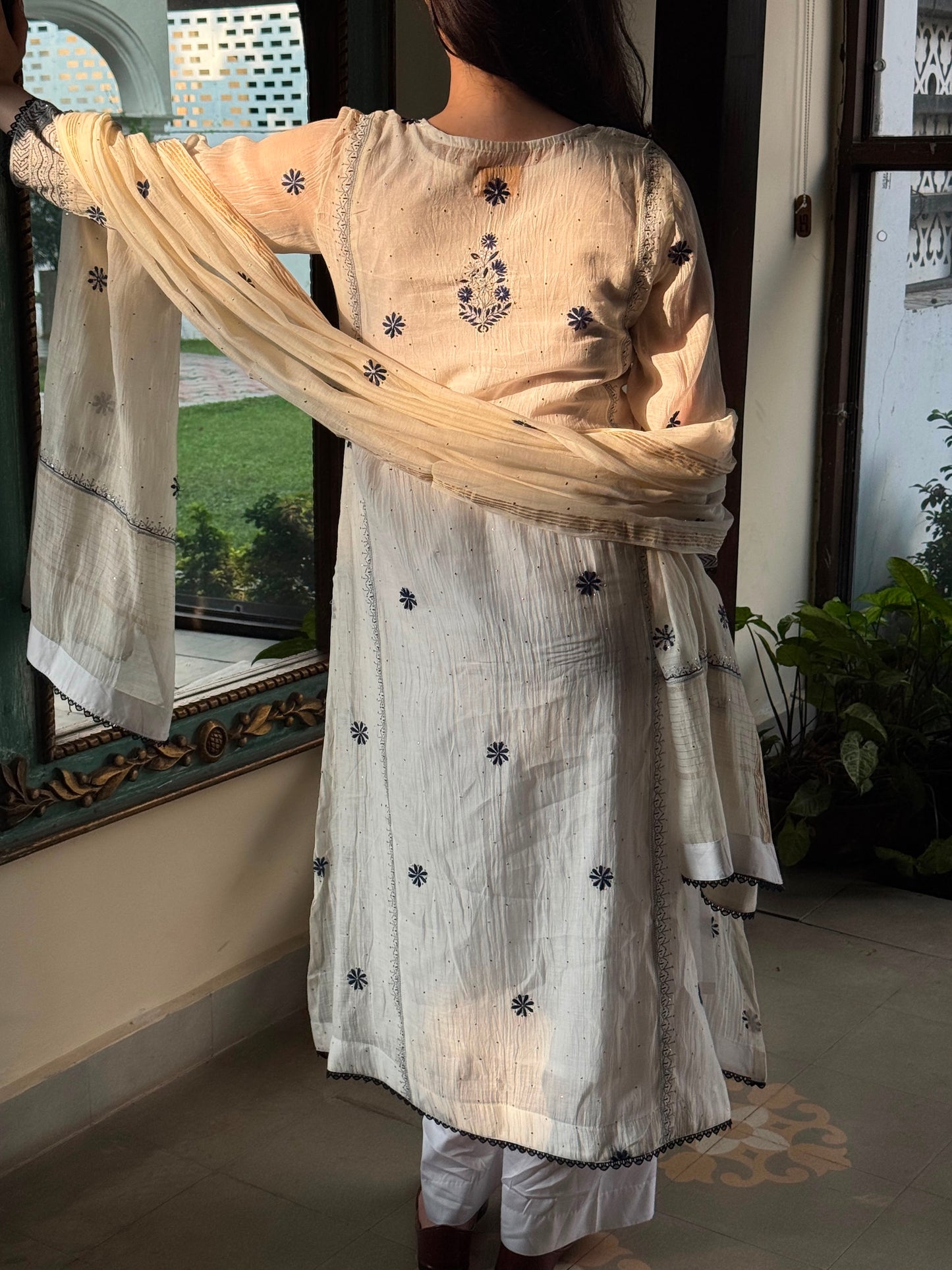 White Melon | Malmal Mukaish Kamdani Chikankari Stitched Kurta Dupatta Set