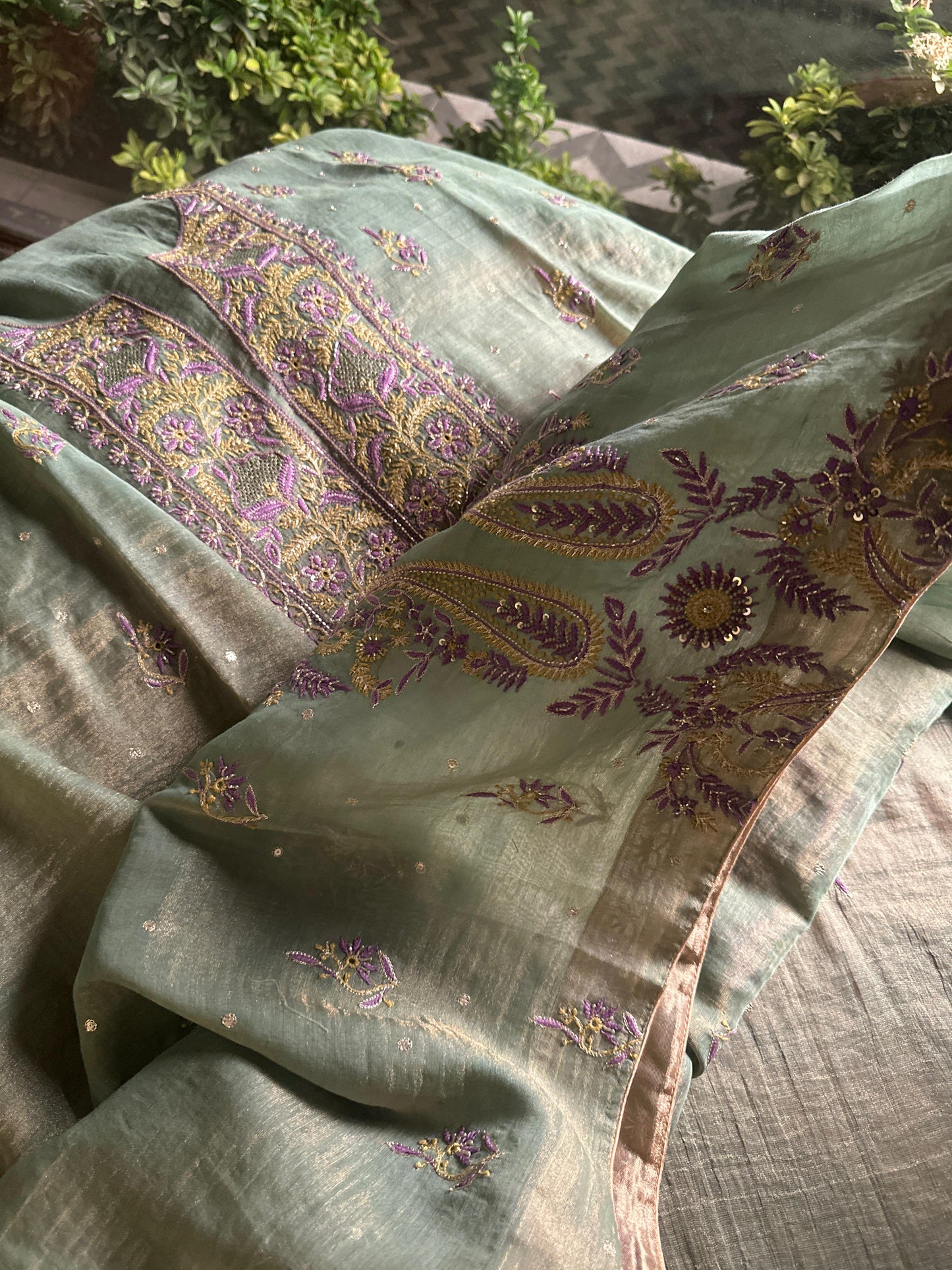 Sage Green & Purple Tissue Silk Chikankari Unstitched Fabric