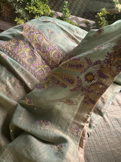 Sage Green & Purple Tissue Silk Chikankari Unstitched Fabric
